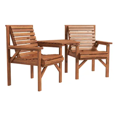 Outsunny Wooden Garden Love Seat w/ Coffee Table Partner Bench Tan Brown