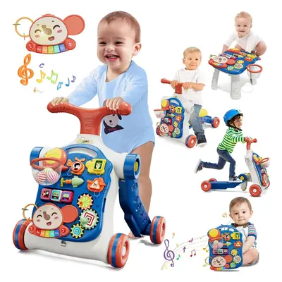 (blue) Boys Walker in 1, Activity Center, Learn to Walk, Sit and Stand, Early Learning Stroller 