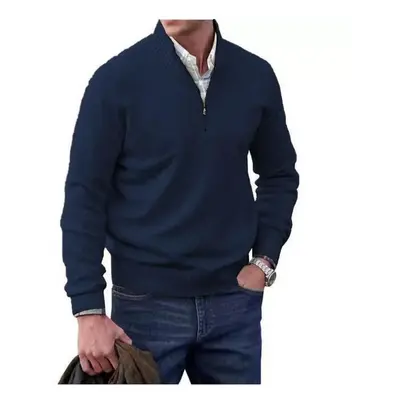 (Dark Blue, XL) Zip Jumper Pullover Mens Knitted Sweater Turtleneck Streetwear