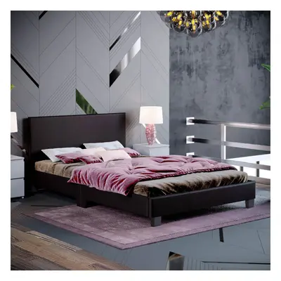 (Small Double, Brown) Lisbon Bed Frame Faux Leather Upholstered Bedroom