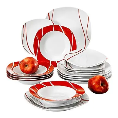 MALACASA, Series Felisa, 18-Piece Dinner Sets Red Stripes Ivory White Porcelain Dinner Service S