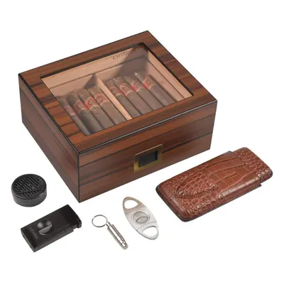 (Brown2) Luxury cigar humidor, handmade cigar humidor set with cutter and lighter, humidor holds