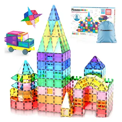 PicassoTiles 101pc Magnetic Tile Building Blocks with Car Base Drawstring Carry Toy Storage Bag 