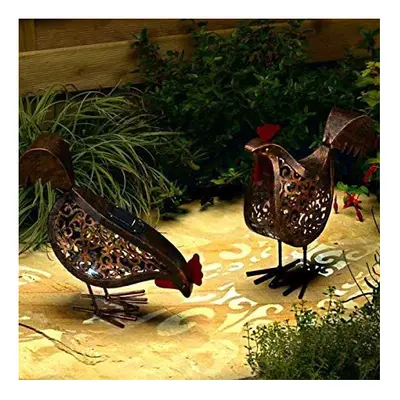 2x Solar Powered LED Hens Copper Bronze Effect Metal Silhouette Garden