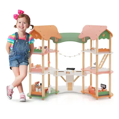 Multi-Layer Wooden Dollhouse Versatile Kids Playhouse Toy-Pink