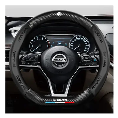 (Black) 38cm Carbon Fiber Leather Car Steering Wheel Cover Four Seasons For Nissan