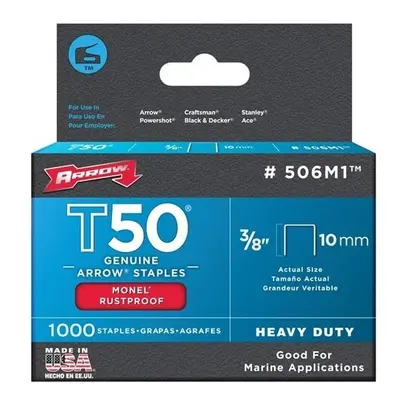 Arrow T50 Monel Staples Rust Proof Suitable for Marine Use. Size: 3/8" - 10mm Pack: