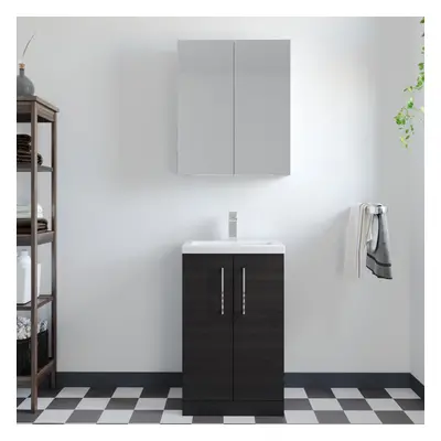 Compact Floor Standing Door Vanity Basin Unit with Polymarble Basin - 500mm - Woodgrain Charcoal