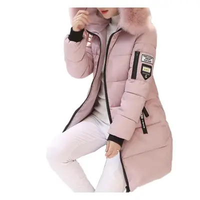 (pink, M) Women Winter Cotton Coat Thickened Padded Stuffed Hooded Mid Length Windproof Warm Zip