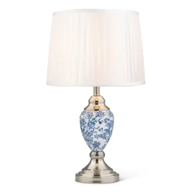 Malham Small Blue/White Printed Table Lamp with Ivory Pleated Shade