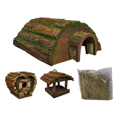 Wooden Hedgehog Hogitat with Birdhouse, Hanging Feeder & Nesting Straw