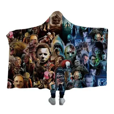 Horror Movie Character Pattern Fleece Hooded Blanket Wearable Layer Blankets Halloween Blanket