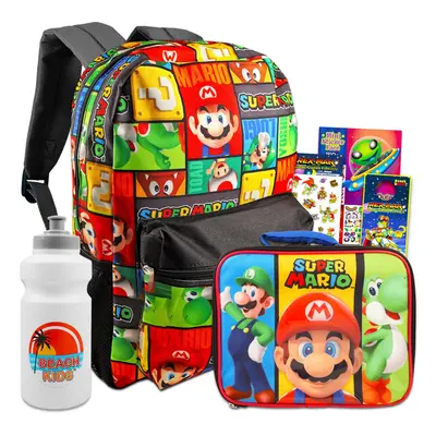 Super Mario Backpack and Lunch Box Set for Kids - Bundle with Mario Backpack Mario Lunch Bag Sti