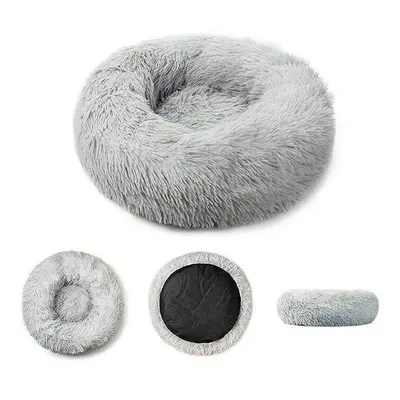 (Light-gray, Medium) Plush Donut Pet Bed Dog Cat Round Nest Puppy Sofa