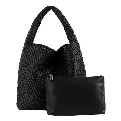 (Black) MOOWOO Fashion Ladies Bag Woven Bag PU Leather Cute Handbag Vegetable Basket Carry Tote 