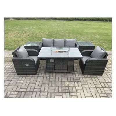 Fimous Outdoor Rattan Garden Furniture Set Propane Gas Fire Pit Table Burner with Lounge Sofa Si