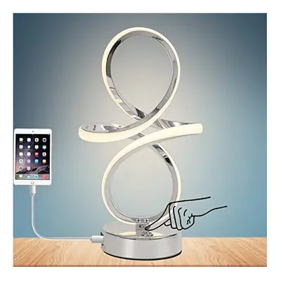 Dimmable Touch Control Table Lamp Silver Curved LED USB Charge Bedside Lamp for Bedroom Office L