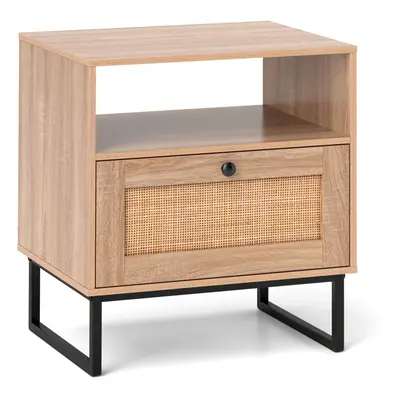 Rattan Nightstand Mid Century Modern Bedside Table with Storage