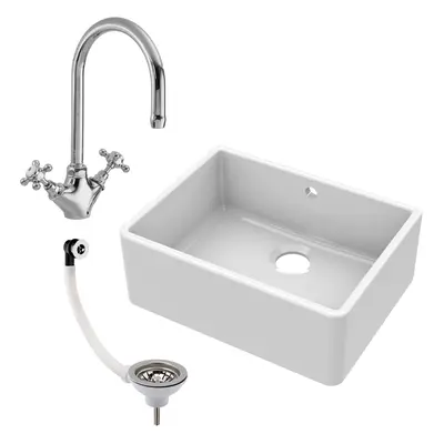 595mm - Single Bowl Fireclay Butler Kitchen Sink - Overflow, Mixer Tap & Waste