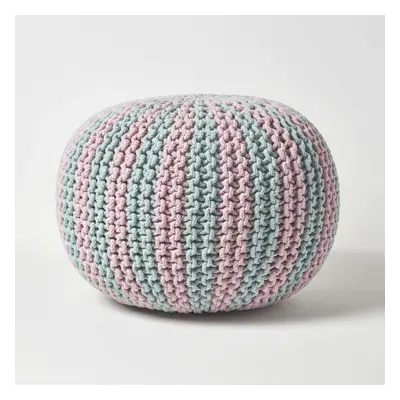 (Pastel Blue & Pink, x cm) Knitted Pouffe Striped Footstool