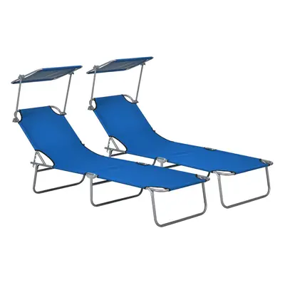 Outsunny Folding Sun Lounger Set of w/ Sunshade Adjustable Backrest Blue