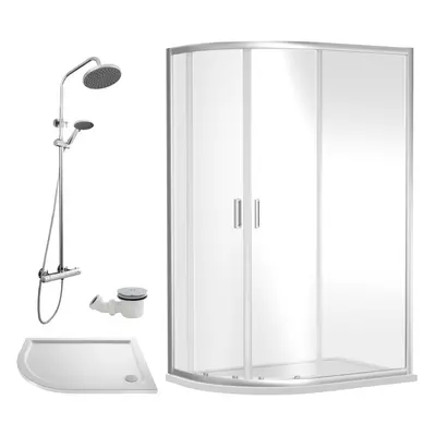 Ruwa Shower Enclosure Bundle - Offset Left Quadrant, Tray, Round Shower & Waste - White/Chrome -