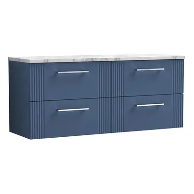 Retro Drawer Wall Hung Vanity Unit with Carrera Marble Laminate Worktop - 1200mm - Satin Blue - 