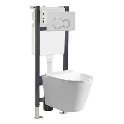 Nes Home Round White Wall Hung Toilet With Frame & Round Button Flush Plate