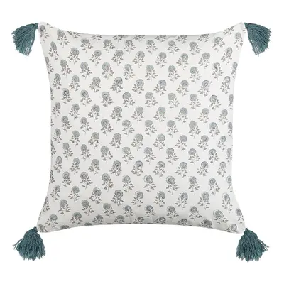 Cotton Cushion Floral Pattern with Tassels x cm White and Blue CORNUS