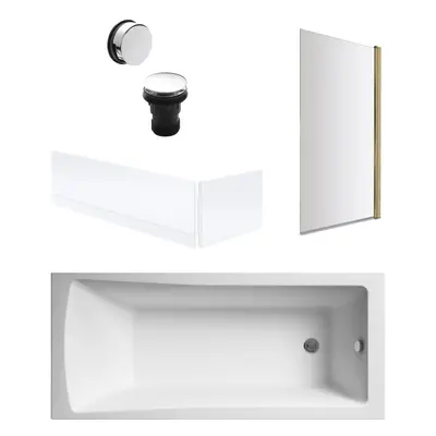 Square Single Ended Bath, Brushed Brass Screen, Panels, Chrome Waste -1700x700mm