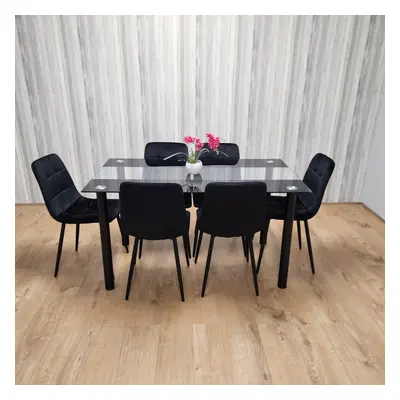 Black Clear Glass Dining Table With Black Tufted Velvet Chairs Set