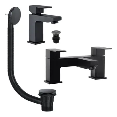 Matt Black Square Basin & Bath Filler Tap Set Including Bath Waste