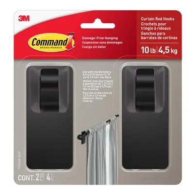 Command Matte Black Curtain Rod Hooks with Command Strips, Hang Curtain Rods No Drilling, Holds 