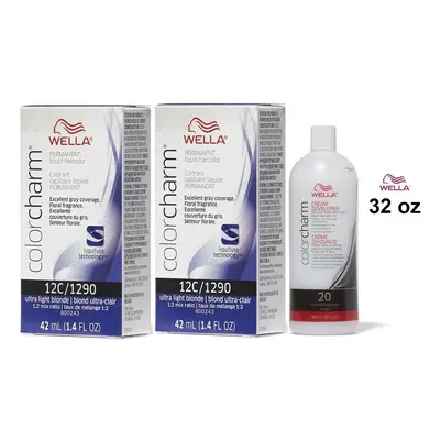 (12C(2)+Dev(Vol.20)32oz) Wella 12C Ultra Light Blonde Color Charm Permanent Hair Colour