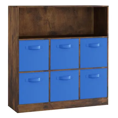 (Rustic Brown, Dark Blue) Wooden Cubed Bookcase Units Shelves Drawers