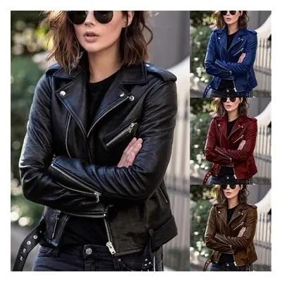 (antique black, 5XL) Women&apos;s Fashion Short Leather Jacket Pu Motorcycle Clothing Slim Slim 