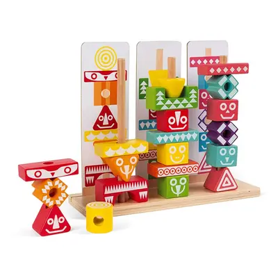 Janod I Wood - Edutotem Stackable Pieces - Wooden Blocks and Puzzle Cards - Ages 3+ - J05331