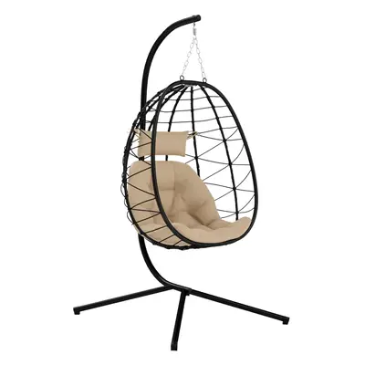 Outsunny Garden Egg Chair Outdoor Hanging Swing Chair, Folding Basket, Khaki