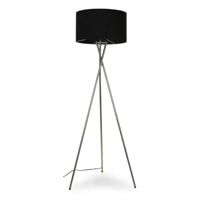 Modern Polished Chrome Metal Tripod Floor Lamp with a Black Lamp Drum Light Shade - Complete wit