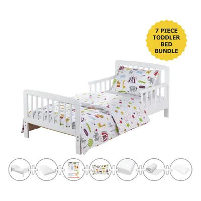 7 Piece White Toddler Bed Circus Friends With Mattress & Water Resistant Cover