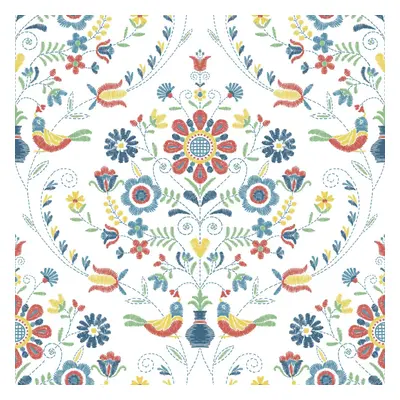 (Red/Blue) Britt Woodland Damask Vinyl Wallpaper Fine Decor