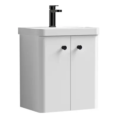 Curve Wall Hung Door Vanity Basin Unit - 500mm - Gloss White with Black Round Handles (Tap Not I