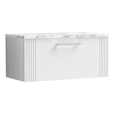 Retro Drawer Wall Hung Vanity Unit with Carrera Marble Laminate Worktop - 800mm - Satin White - 