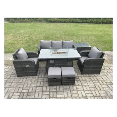 Fimous Outdoor Rattan Garden Furniture Set Propane Gas Fire Pit Table Burner with Lounge Sofa Si