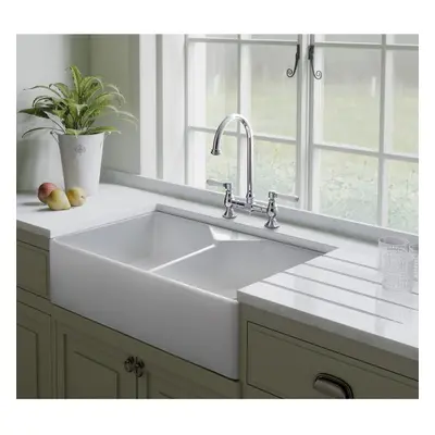 Rangemaster Farmhouse Belfast Kitchen Sink Double Bowl 2.0 Ceramic White Stylish