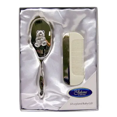 Silverplated Baby Brush & Comb - Teddy Design - Widdop