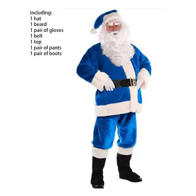 (XL) Blue Santa Costume Men Women Christmas Clothes Makeup Beard Party Outfit Prop