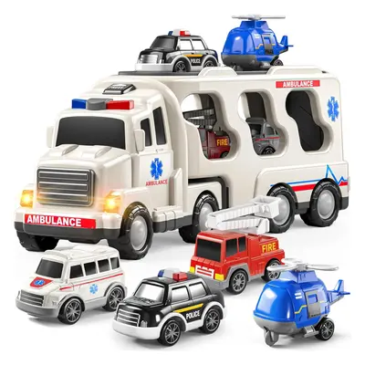 5 Pack Emergency Rescue Vehicle Toddler Truck Toys for 4 6 Year Old Boys, Friction Power Cars wi