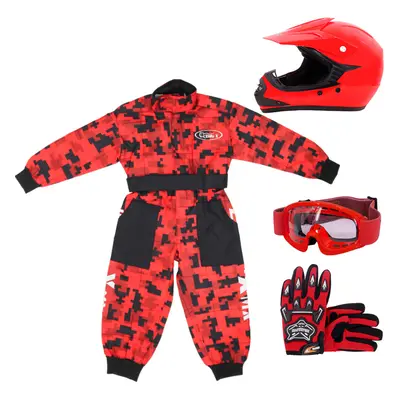 (Red, XL) ZORAX X15 Motorbike Kids Motocross Helmet Karting Gloves Goggles Camo Race Suit