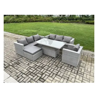 Fimous Outdoor PE Rattan Garden Funiture Set Height Adjustable Rising Lifting Table Sofa Dining 